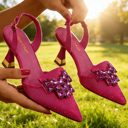 Venus Chan Elegant Green Slingback Heels with Rhinestones Shoes