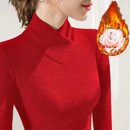 Semi High Neck V-neck Fleece Thermal T-shirt