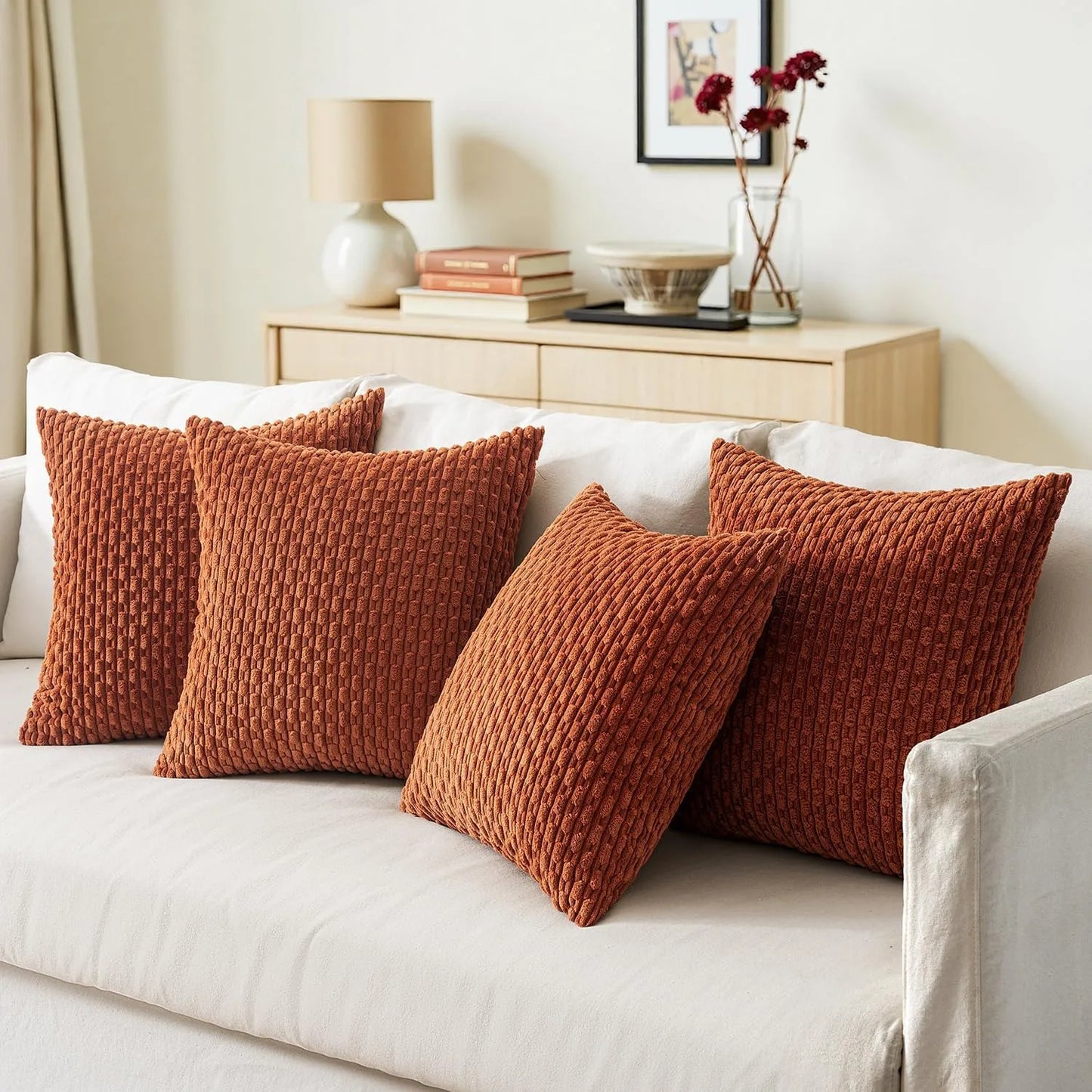 Burnt Orange Striped Cushion Covers Corduroy Pillowcases