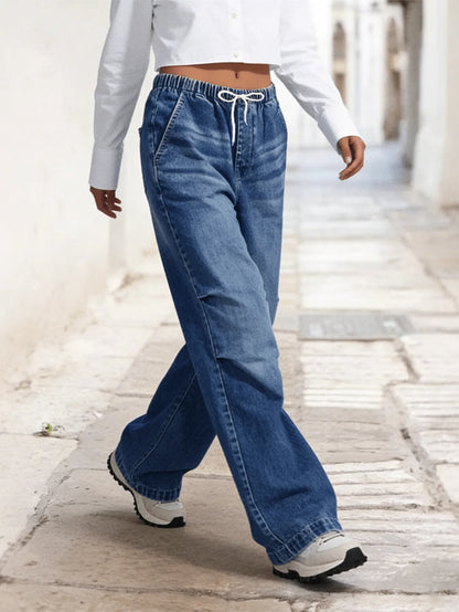 Vintage High-Waisted Drawstring Wide Leg Jeans