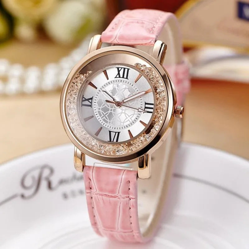 Luxury Leisure Auger Leather Analog Stainless Steel Quartz Watch