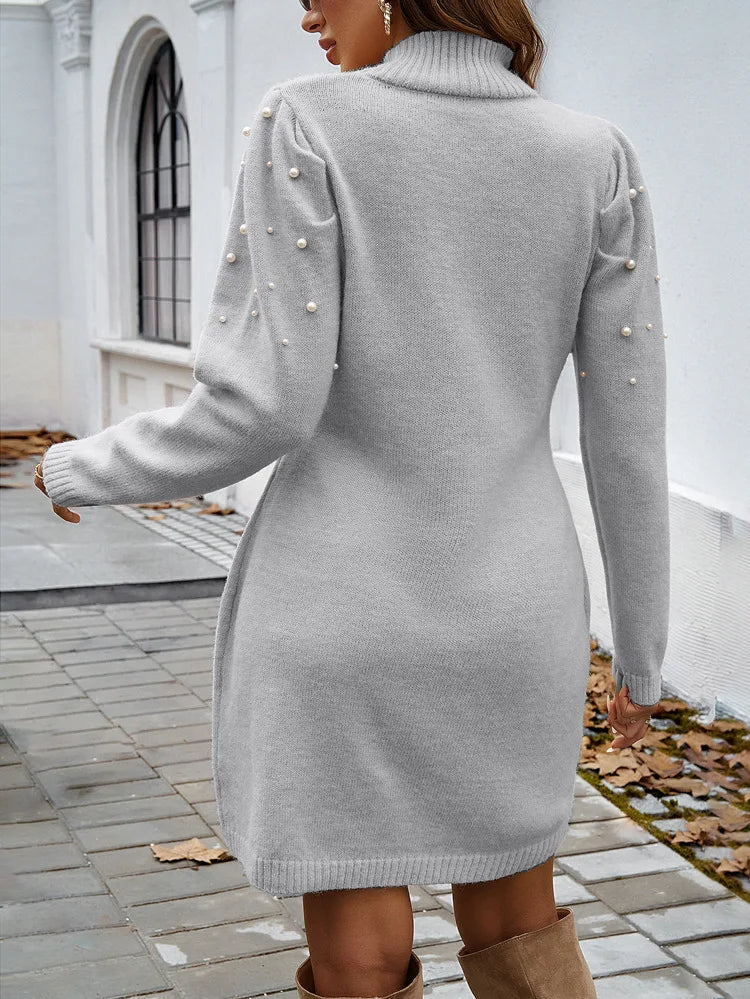 Elegant Knitted Warm Thick Slimming Pearl Long Sleeve Wrap Hip Dress