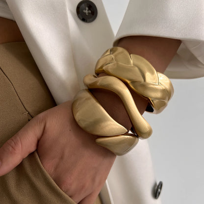 Matte Gold Wave Water Drop Wide Cuff Bracelet