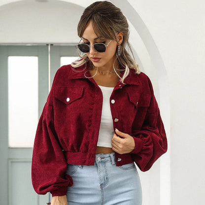 Cropped Corduroy Overcoat Single Breasted Lantern Sleeve Coats Jacket