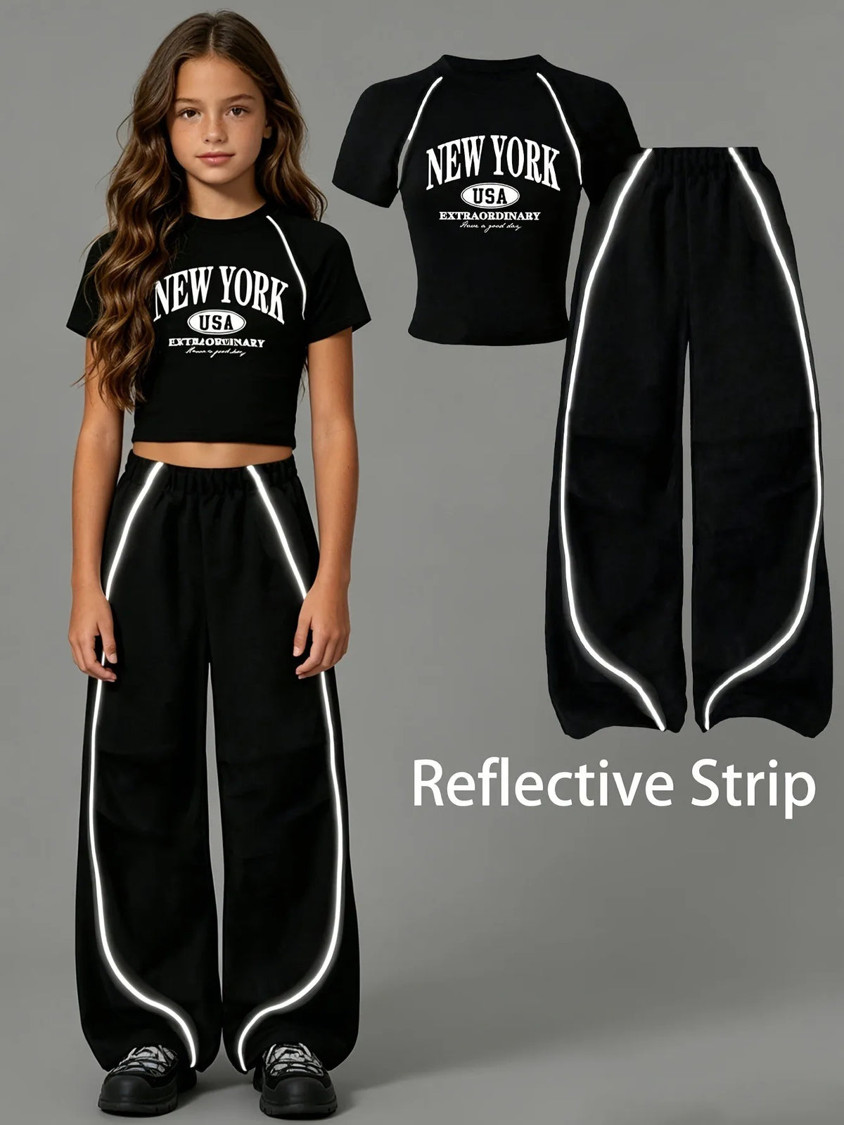 Summer and Autumn Casual Outfit Black Tight-Fitting Short-Sleeve Long Pants Set