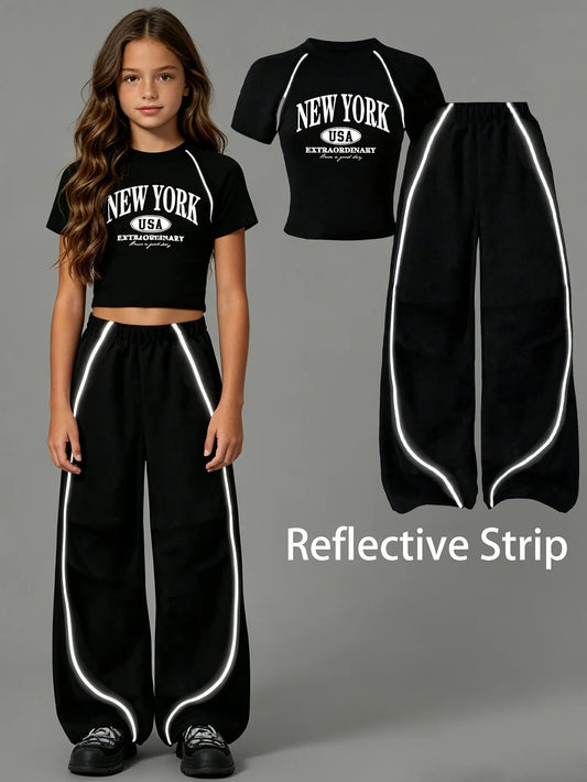 Summer and Autumn Casual Outfit Black Tight-Fitting Short-Sleeve Long Pants Set