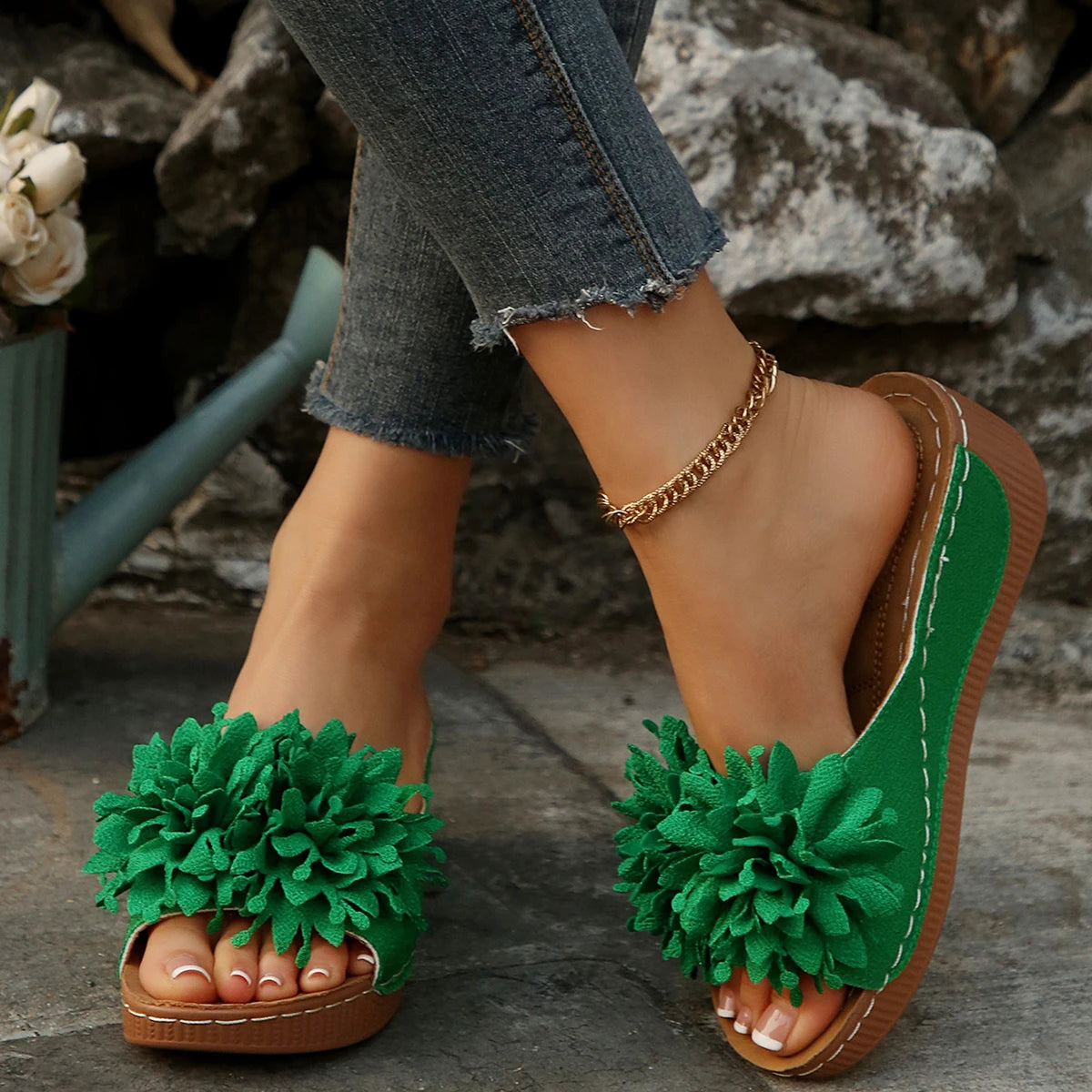 Flower Decoration Wedge Open Toe Slip Sole Sandals