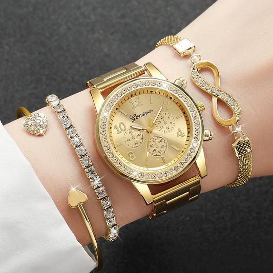 4PCS/Set Rhinestone Luxury Steel Band Quartz Bracelets Watches Set