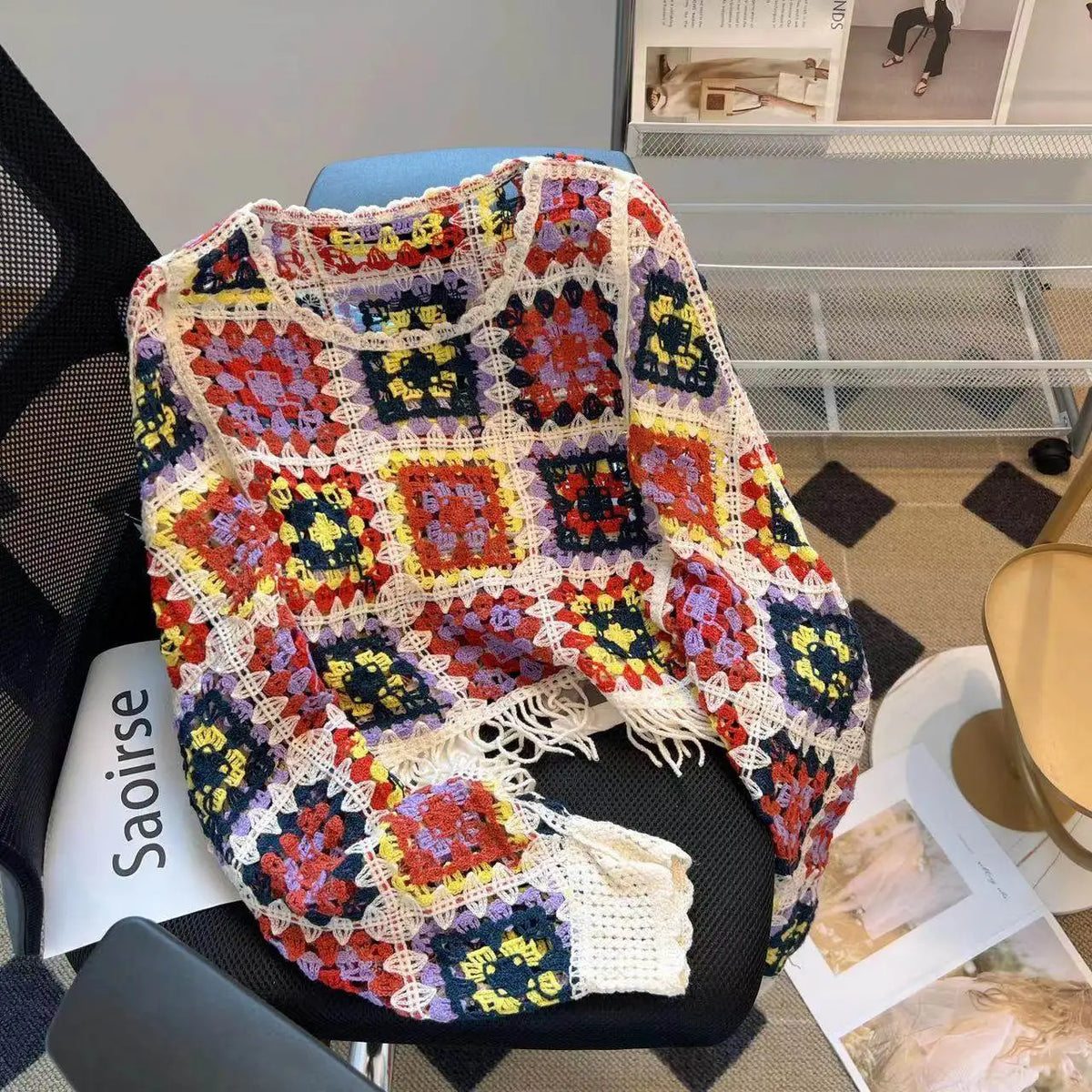 Granny Square Top Fringed Crochet Knitted Top Batwing Sleeve Pullover Sweater