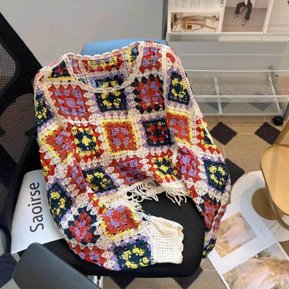Granny Square Top Fringed Crochet Knitted Top Batwing Sleeve Pullover Sweater