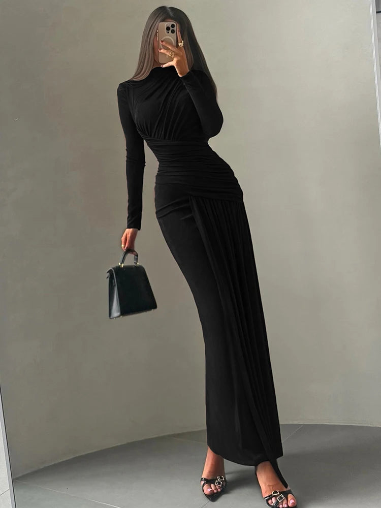 Folds Maxi Full Sleeve Elegant Skinny Dress