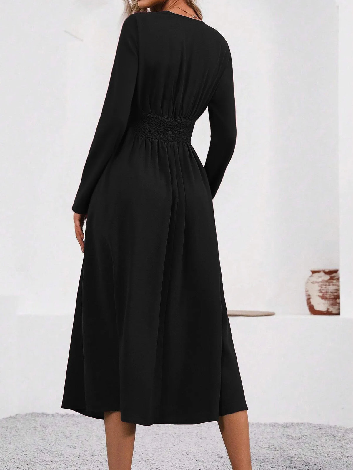 Elegant V-Neck Long Sleeve with Waist Shirring Bodycon Long Maxi Dress
