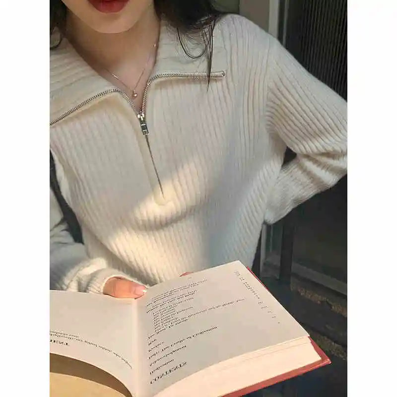 Knitted Long Sleeve Turn Down Collar Knit Sweater Pullover