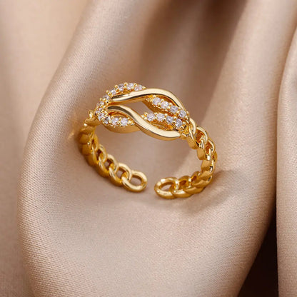 Chain Hollow Out Gold Stainless Steel Zircon Cross Ring