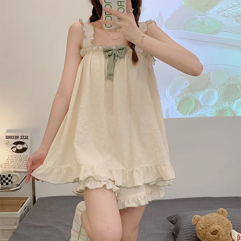 Suspenders Two Pieces Sleeveless Thin Cotton Pyjamas