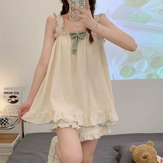 Suspenders Two Pieces Sleeveless Thin Cotton Pyjamas