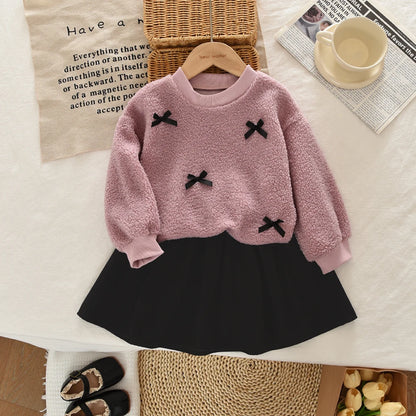 College Style Bow Long Sleeve Plush Top + Short Skirt Sets