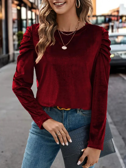 Autumn Round Neck Puff Long Sleeve Velvet Fashion Top T-shirt