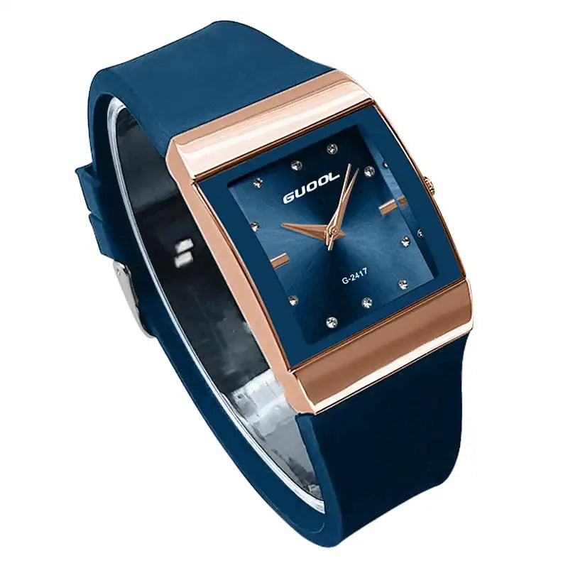 Quartz Rose Gold Square Case Black Silicone Strap Dial Crystal Watch