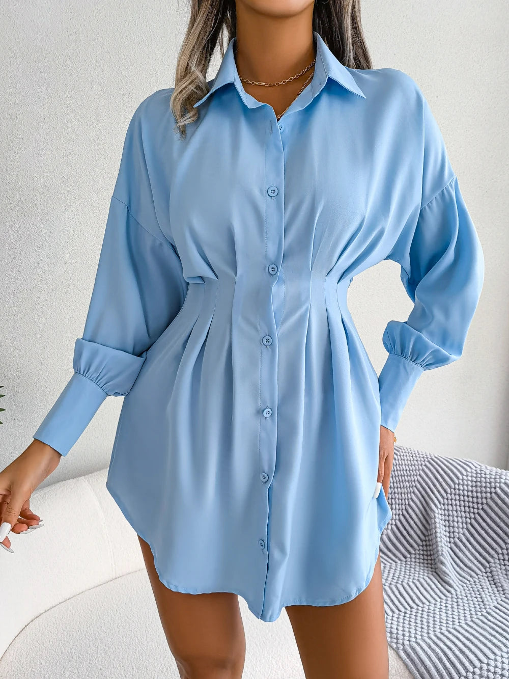 Casual Buttons Long Sleeve Mini Dress
