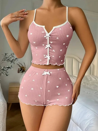Sexy Heart Print Pajama Set Silk Stain Lingerie