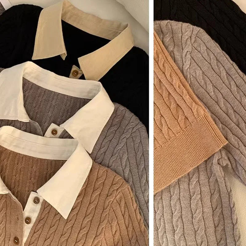 Sueter Feminino Turn Down Collar Knitted Sweater Short Sleeve Knit Pullover
