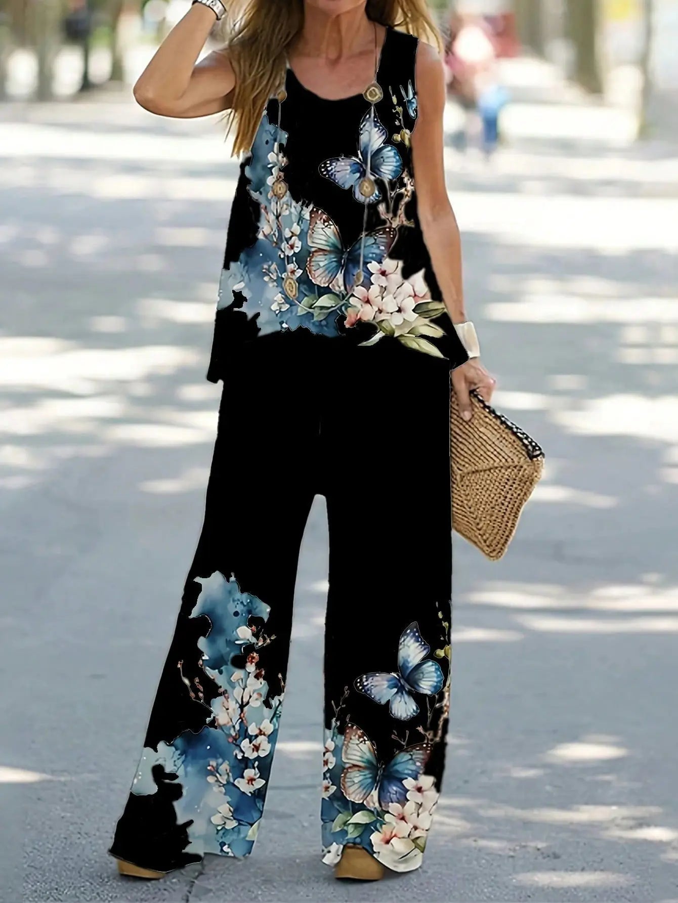 Sleeveless Tank Top Leaf Print Wide Leg Pants Set