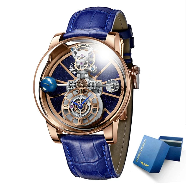 Celestial Starry Sky Curved Glass Transparent Waterproof Leather Watch