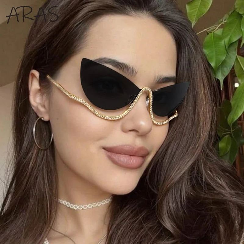 Sexy Cat Eye Rimless Luxury Brand Rhinestone Sun Glasses
