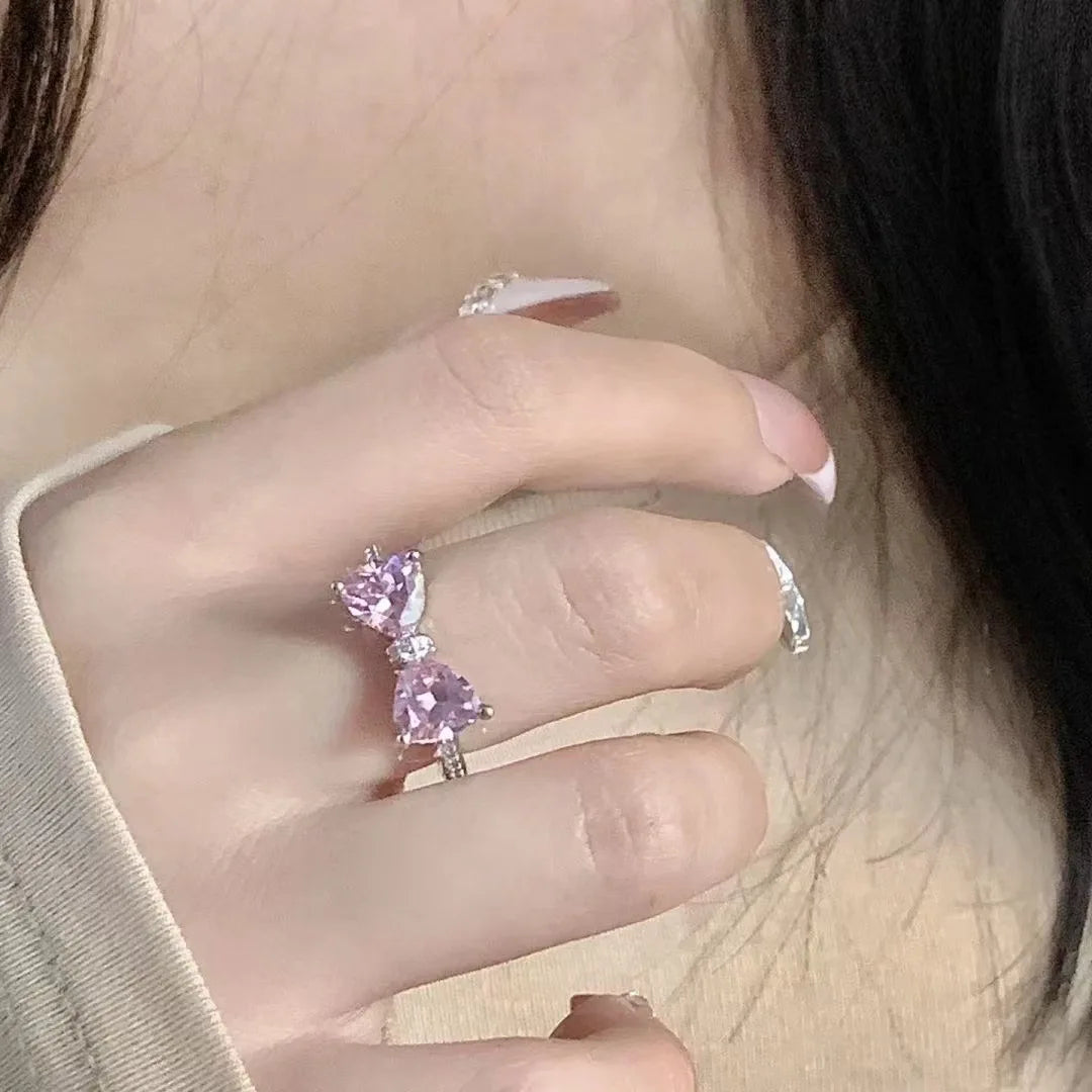 Romantic Lovely Pink Bowknot with Micro Bow Tie Zircon Rings