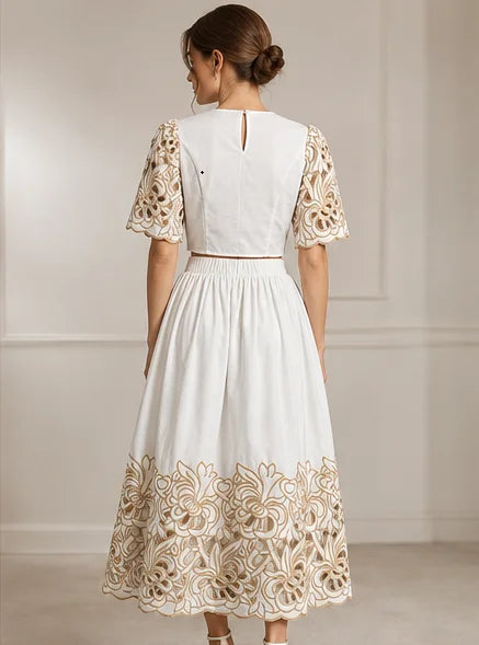 Elegant Hollow Out Color Contrast Women Two Piece Set