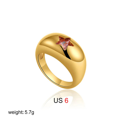 Waterproof 18K Gold Chubby Star Sleek Stainless Steel Pink Zircon Dome Finger Ring