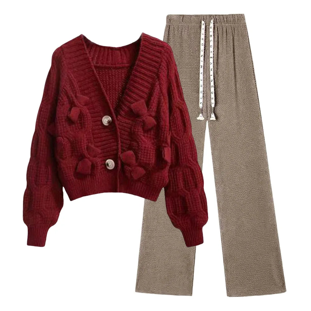 Korean Sweet Bow Outfit Long Sleeve Cardigan Knitwear Wide Leg Pants Set