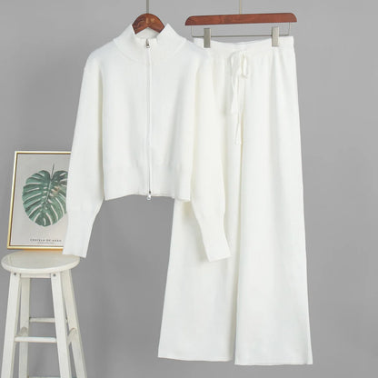 Knit Zip Up Cardigan Wide Leg Soft Fabric Cropped Sets