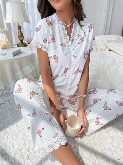 Lace Short Sleeve Cherry Sleepwear Pajama Set