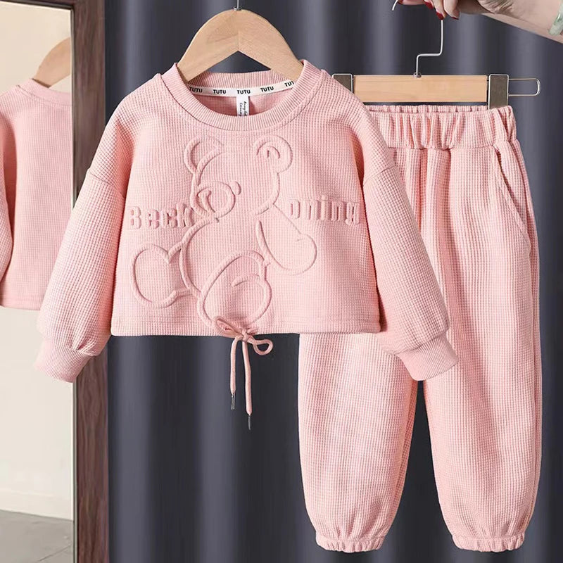 3-8 Years Casual Spring Autumn Cartoon Bear Print Long Sleeved Outfit Set