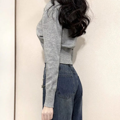 Korean Chic Turndown Collar Gray Slim Fit Long Sleeve Cropped Sweater