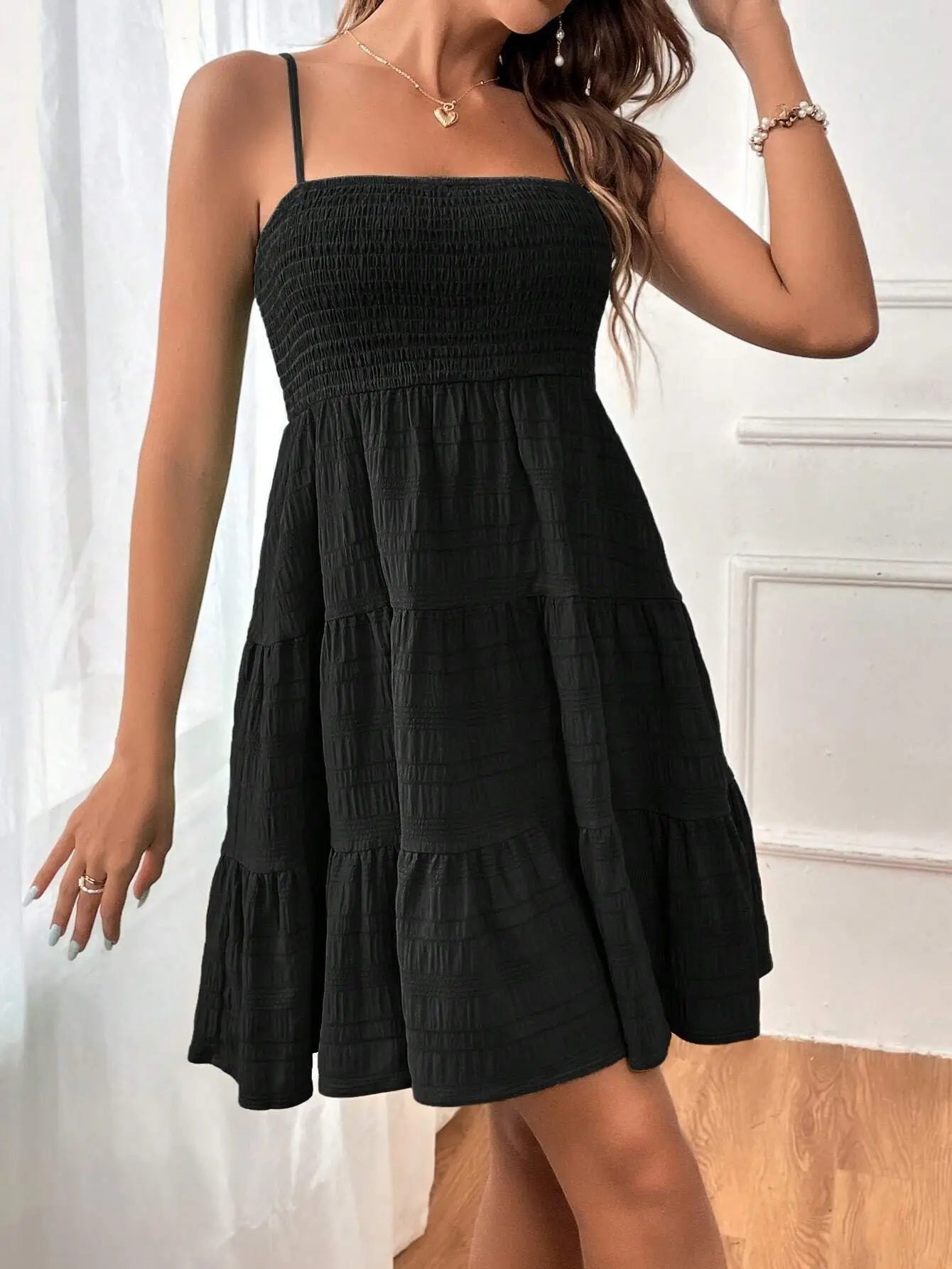 Spaghetti Strap Smocked Bustier Mini Swing Dress