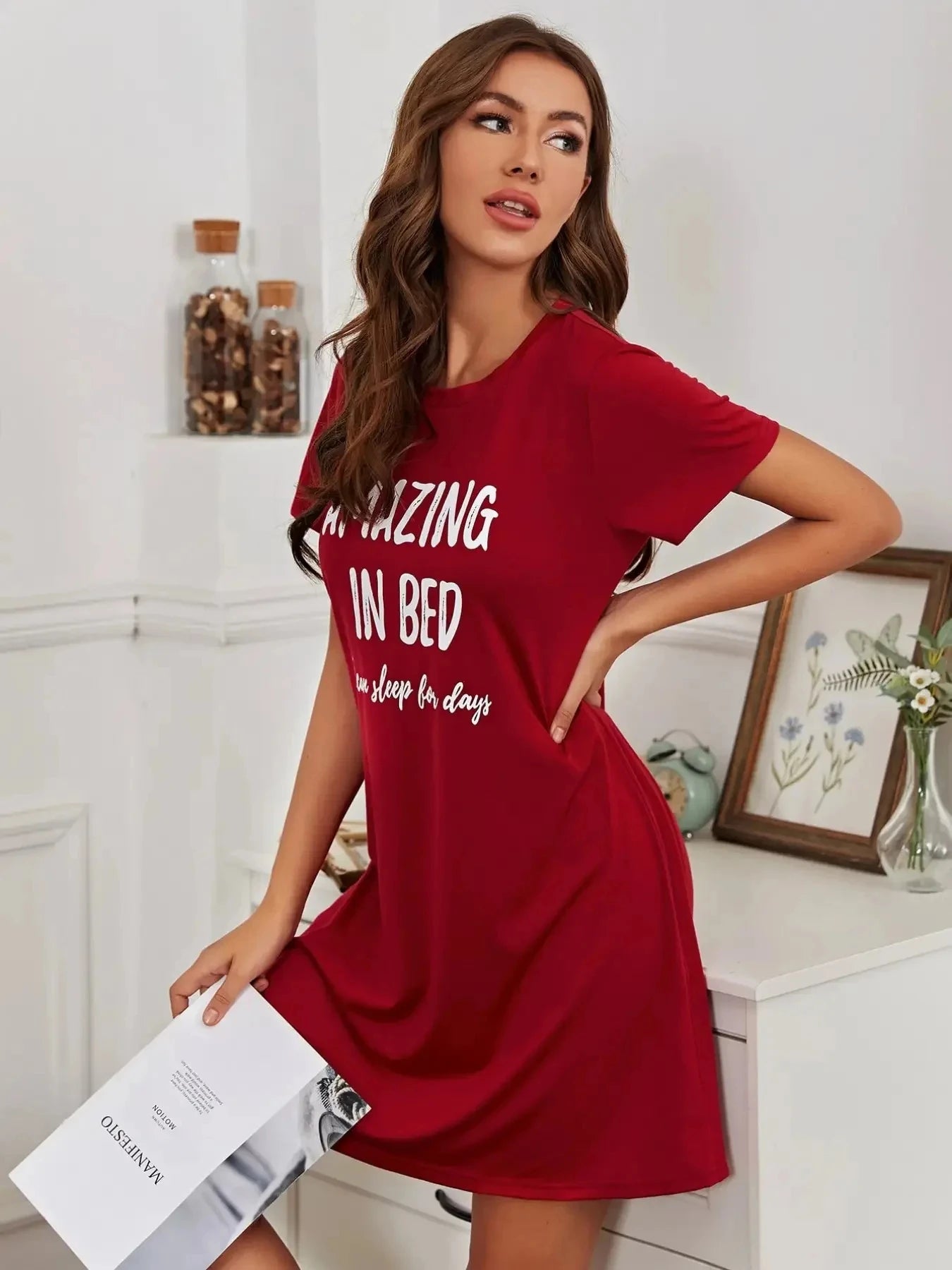 Monogram Print Short Sleeve Loose Round Neck Sleeping Dress Pajamas