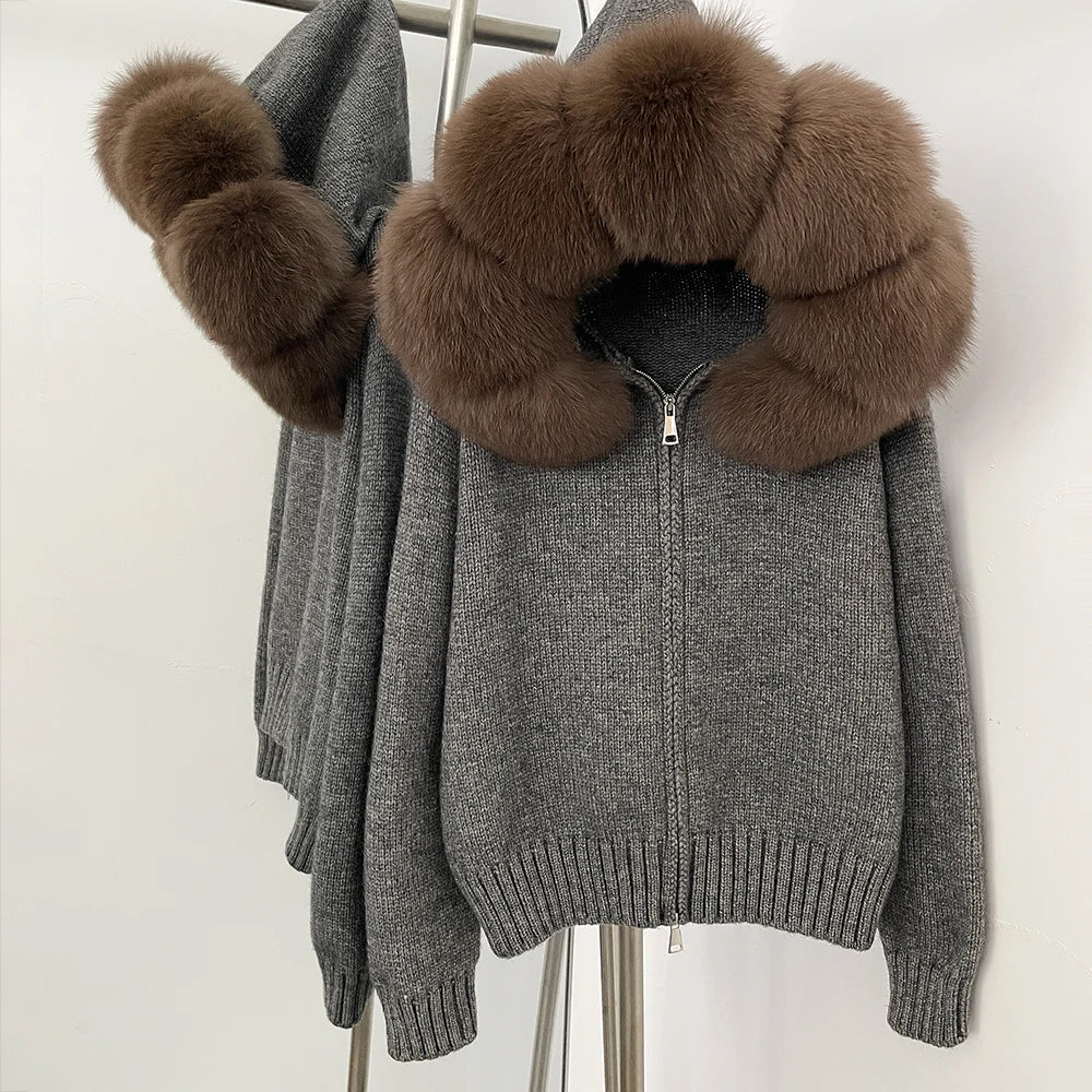 Autumn Winter Casual Hooded Real Fox Fur Collar Short Knitted Jacket