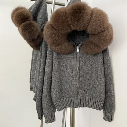 Autumn Winter Casual Hooded Real Fox Fur Collar Short Knitted Jacket