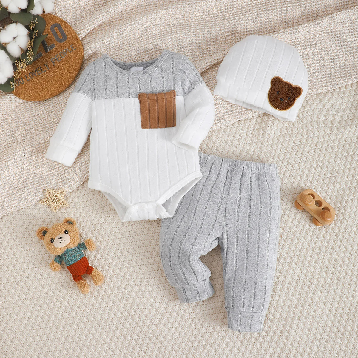 0-18 Month Newborn  Round neck Blocked Bodysuit+Pants+Hat  3Pcs/set