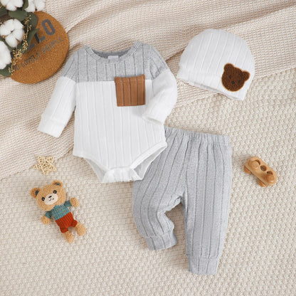 0-18 Month Newborn  Round neck Blocked Bodysuit+Pants+Hat  3Pcs/set