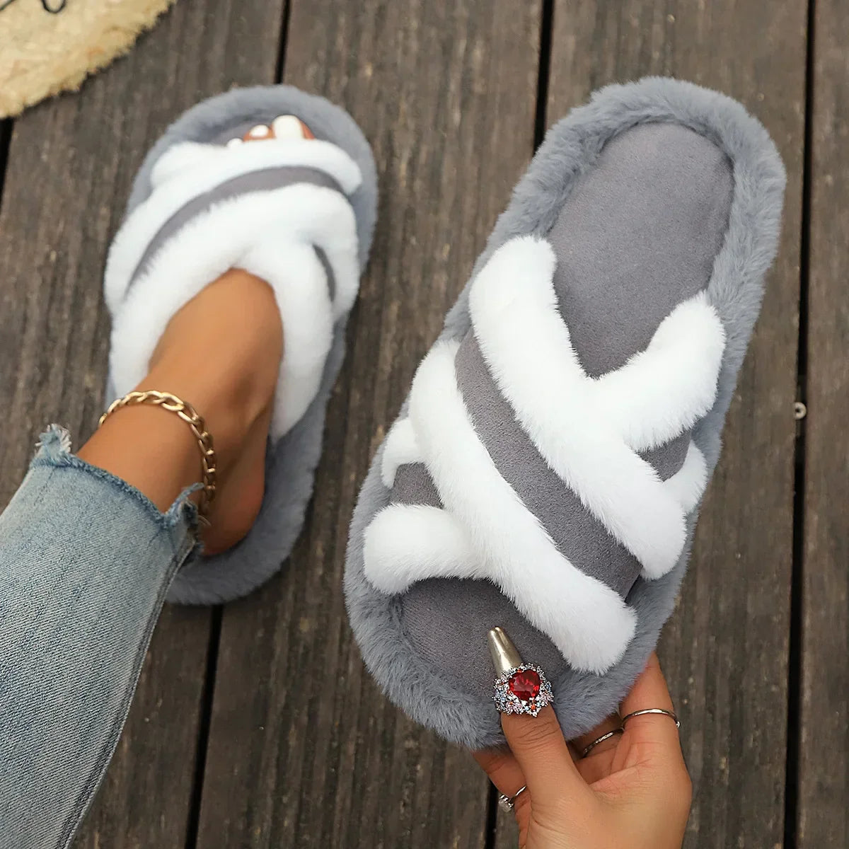 Furry Home Fluffy Light Cross Flip Flops Soft Slippers