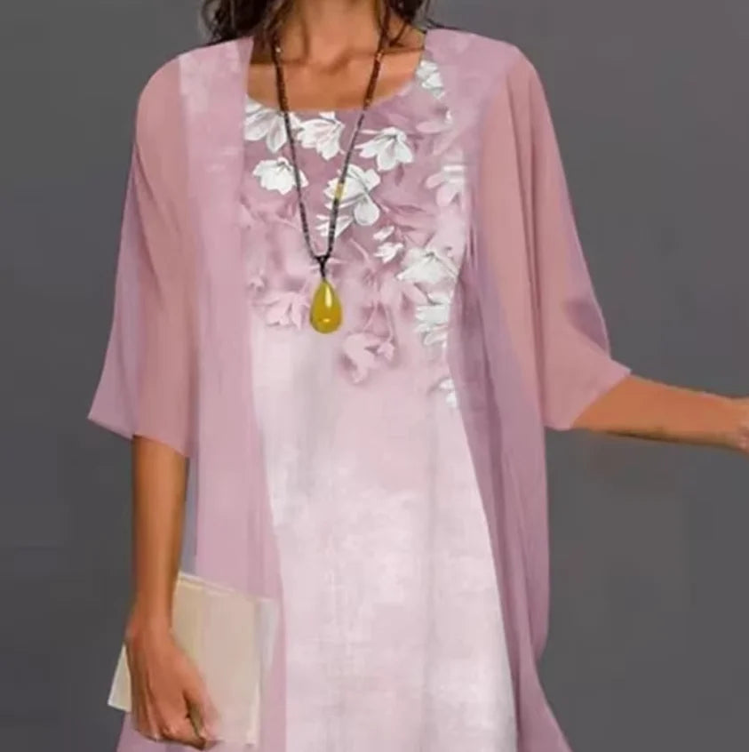 Casual two-piece floral print round collar maxi Dress