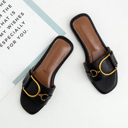 DANA Flat Leather Square Toe Slippers