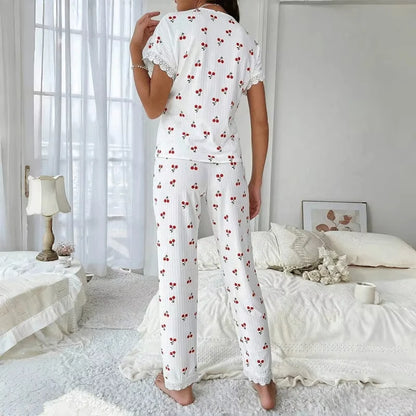 Lace Short Sleeve Cherry Sleepwear Pajama Set