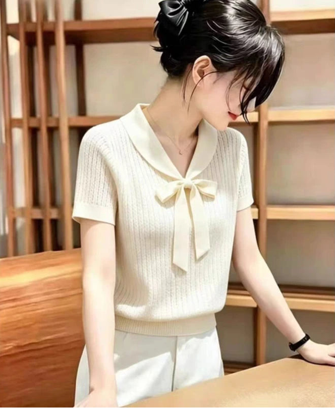 Knitted Bow Collar White Knit Sweater Pullover