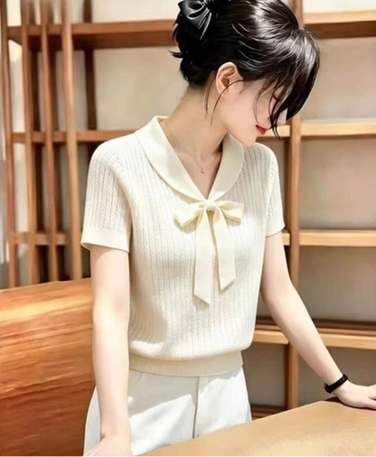 Knitted Bow Collar White Knit Sweater Pullover