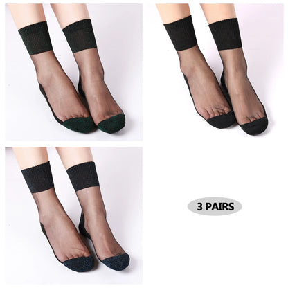 3 Pairs Ultrathin Transparent Glitter Crystal Glass Silk Socks